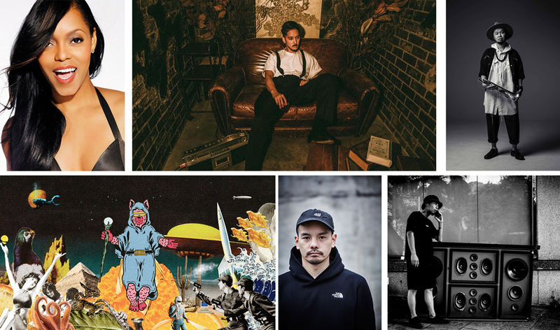 写真 左上: N‘Dea Davenport 中央上:長塚健斗 右上:タブゾンビ 左下: MELRAW 中央下:MITSU THE BEATS 右下:MOSSGR